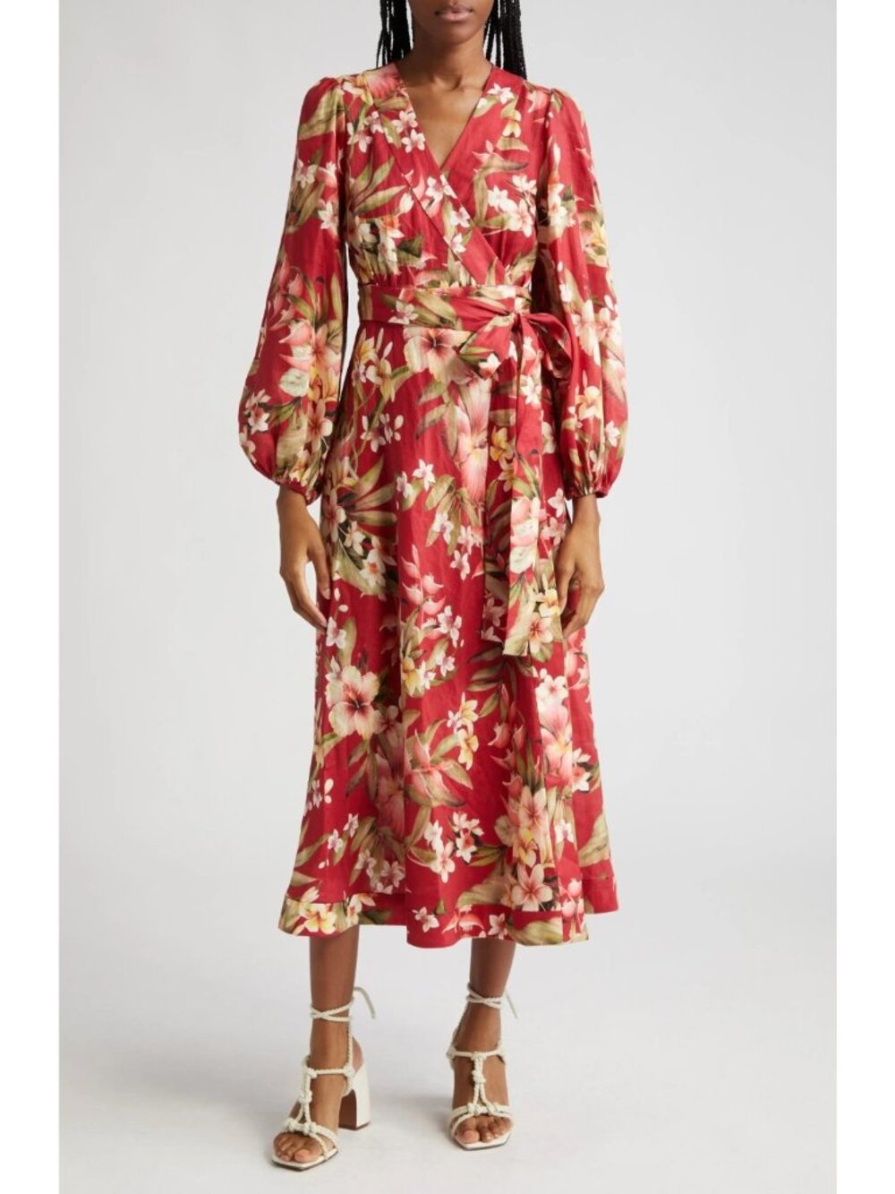 Zimmermann Lexi Floral Long Sleeve Linen Wrap Dress Red Palm Sz 1 US 6
